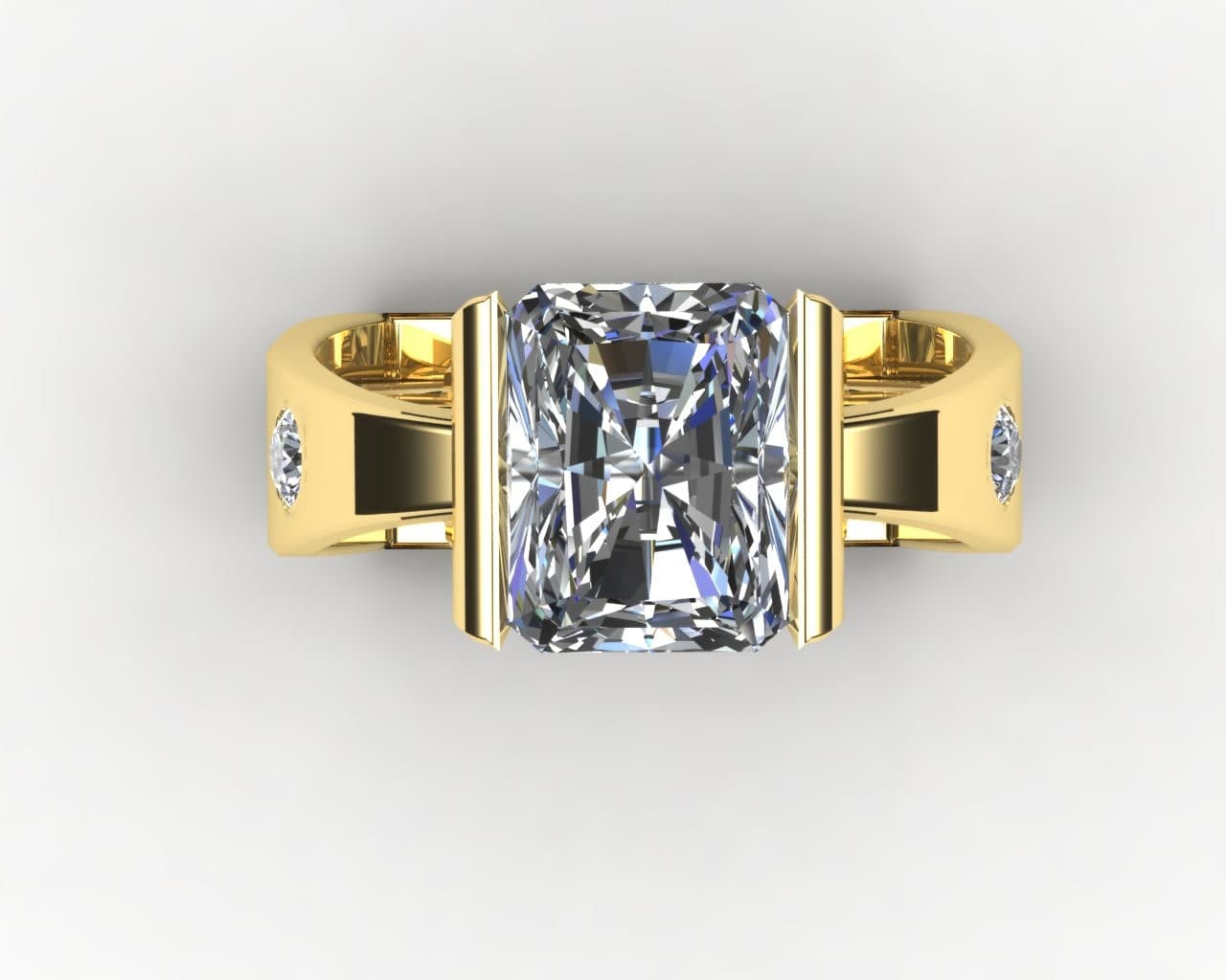 Harry Roa Gallery custom ring: A channel set column of stones beside the center stone.